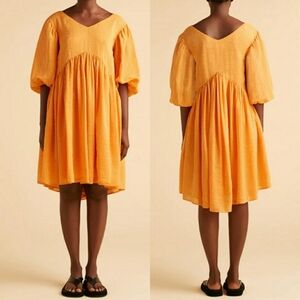 Marlette Miller Puff Sleeve Babydoll Dress Sz Xs Linen Silk Tangerine